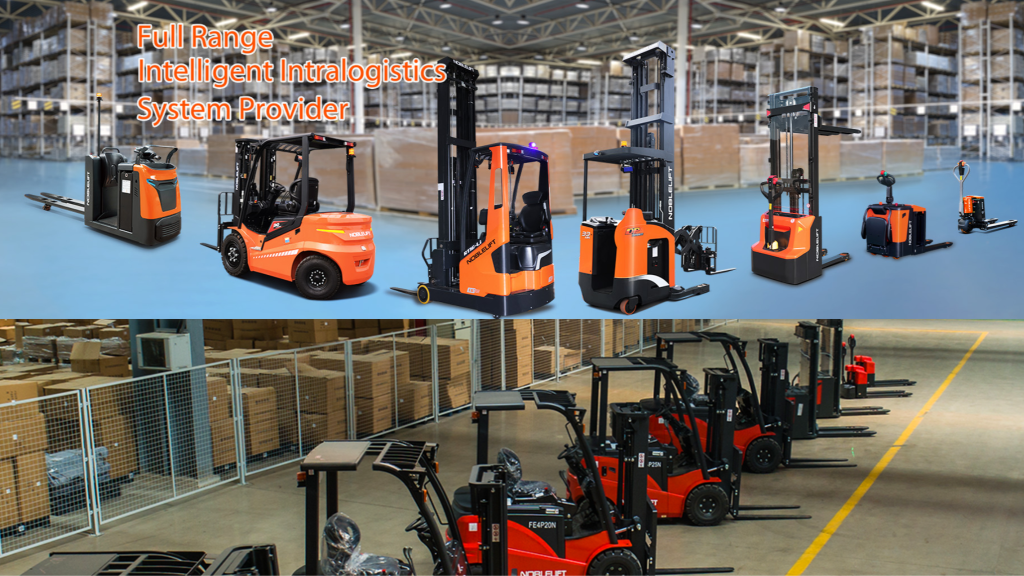 Beragam jenis alat Material Handling Equipment dari Noblelift seperti forklift elektrik, reach truck, pallet stacker, dan hand pallet dalam lingkungan gudang modern.